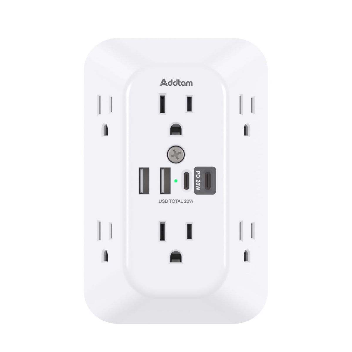 Addtam 6-Outlet Extender Surge Protector, Multi Plug Wall Outlet with 4 USB Wall Charger(PD 30W), Plug Extension Outlet with 1800J, Outlet Splitter Power Strip for Home Office, White