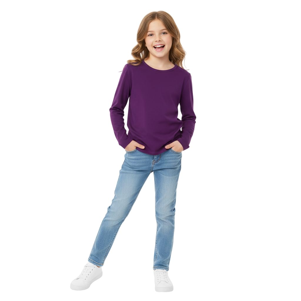 Kids Girls Boys New Plain Long Sleeve Basic Stretch Round Neck T-Shirt School Tee Top Size 2-13 Years