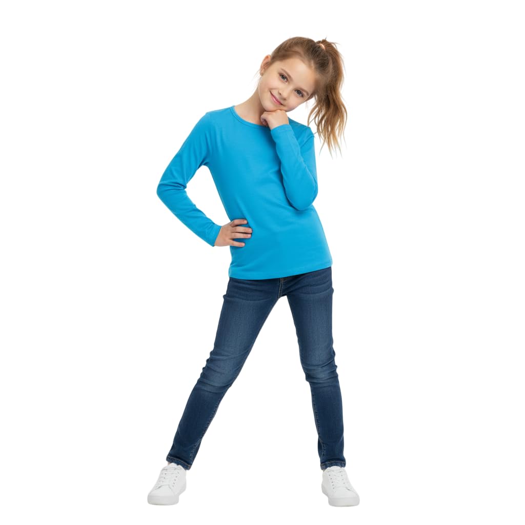 Kids Girls Boys New Plain Long Sleeve Basic Stretch Round Neck T-Shirt School Tee Top Size 2-13 Years