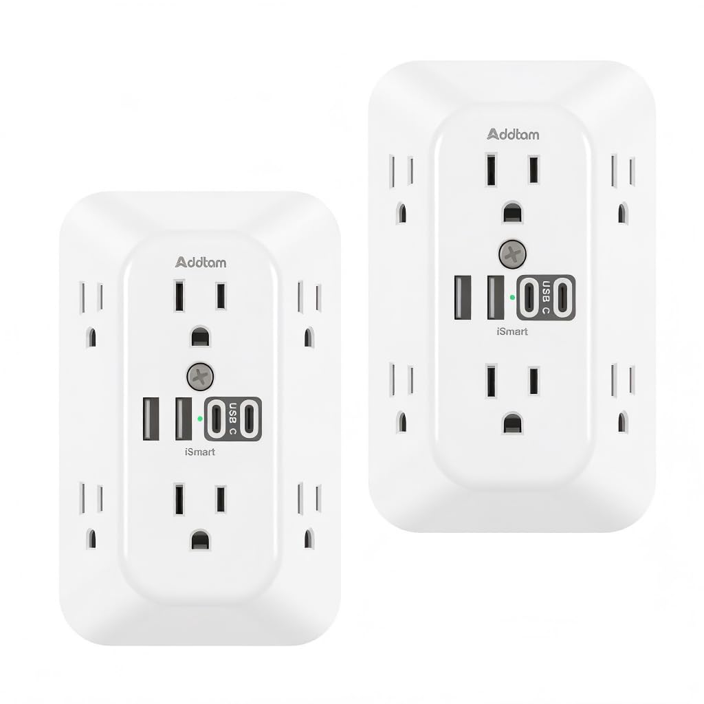 Addtam 6-Outlet Extender Surge Protector, Multi Plug Wall Outlet with 4 USB Wall Charger(PD 30W), Plug Extension Outlet with 1800J, Outlet Splitter Power Strip for Home Office, White
