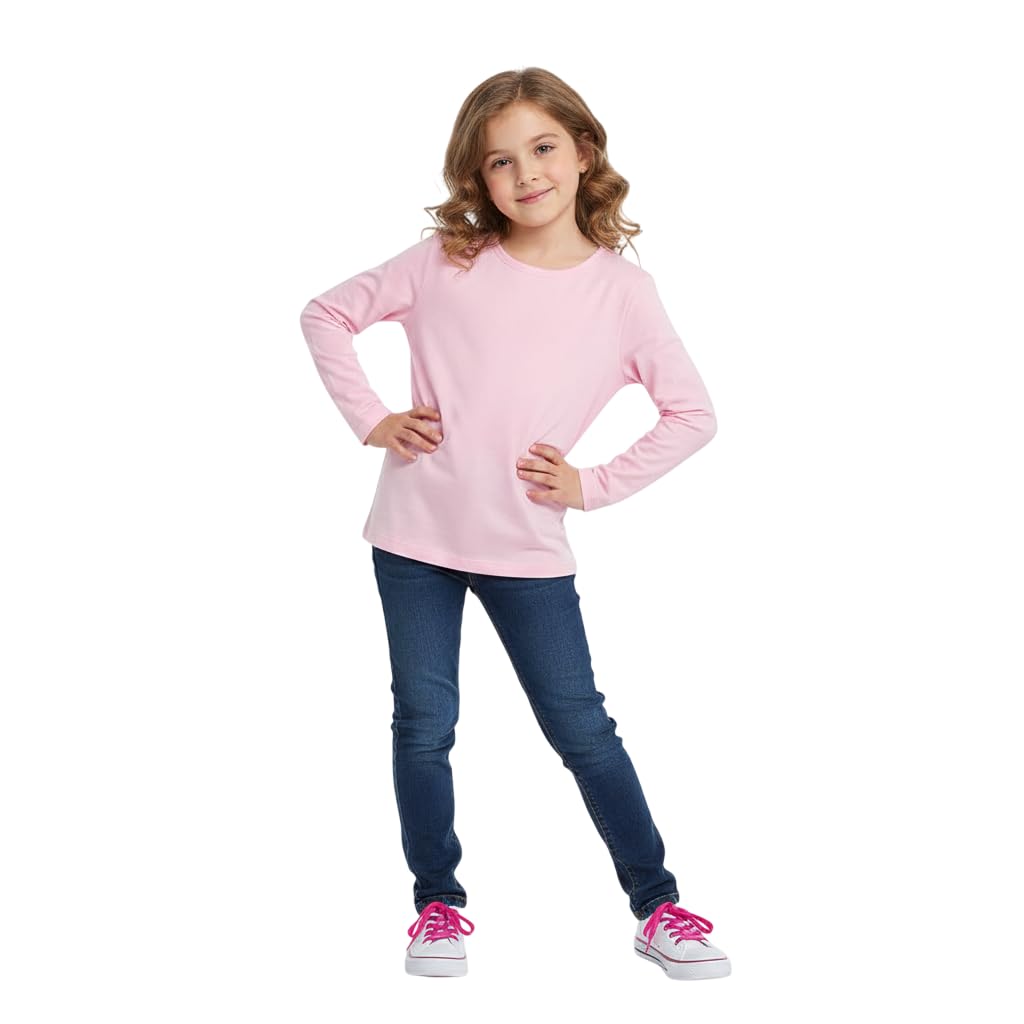 Kids Girls Boys New Plain Long Sleeve Basic Stretch Round Neck T-Shirt School Tee Top Size 2-13 Years