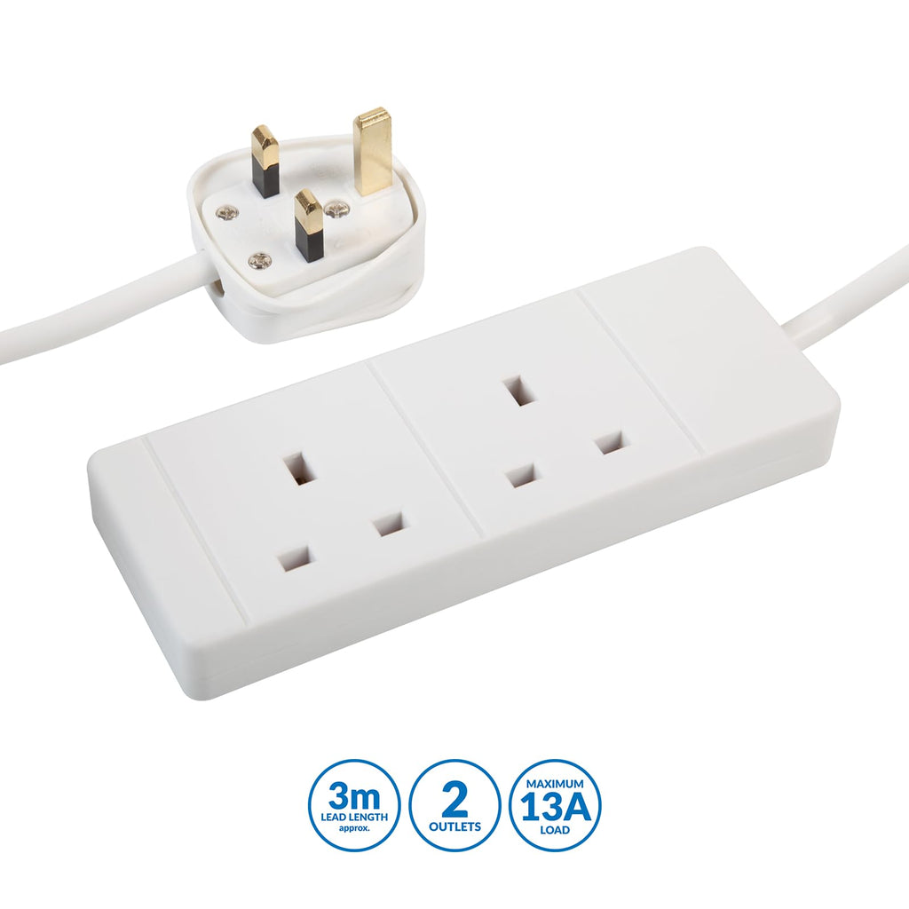 Pro Elec 2 Gang 5m Slim White Extension Lead, BS1363/A Compliant