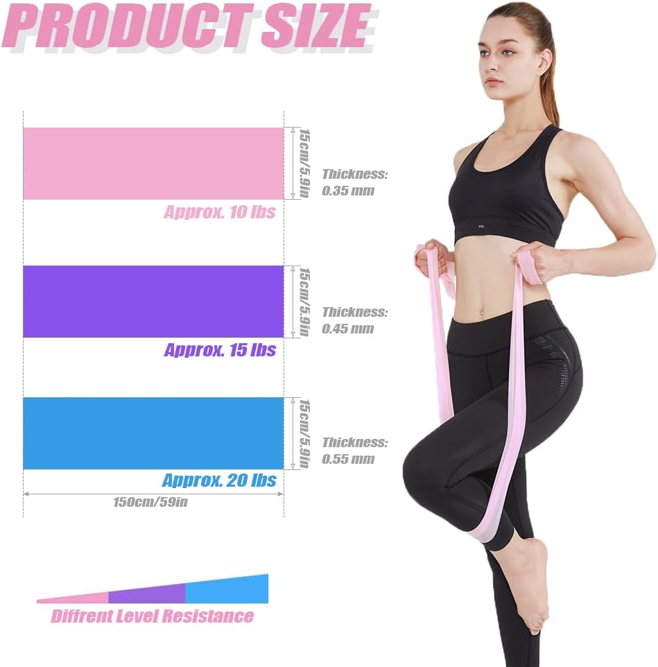 3Pcs Resistance Bands Set - Fitness Exercise Bands, Elastic Bands, Pilates Bands with 3 Resistance Levels, Long Stretch Bands for Yoga, Pilates, Stretching, Strength Training (Pink, Purple, Blue)
