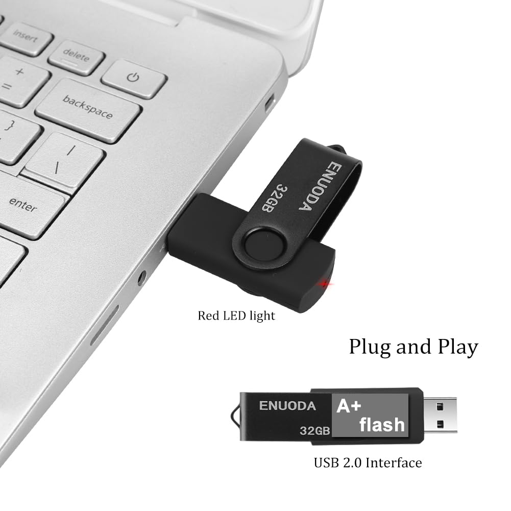 ENUODA 16GB USB Stick 1 Pack Memory Stick USB 2.0 Flash Drives Swivel Design Pen Drive for Data Storage Thumb Drive with LED Light (Black)