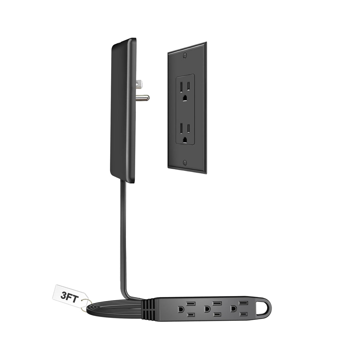 CABOCASA 3FT Flat Plug Extension Cord Power Strip 3 Outlets White Upward