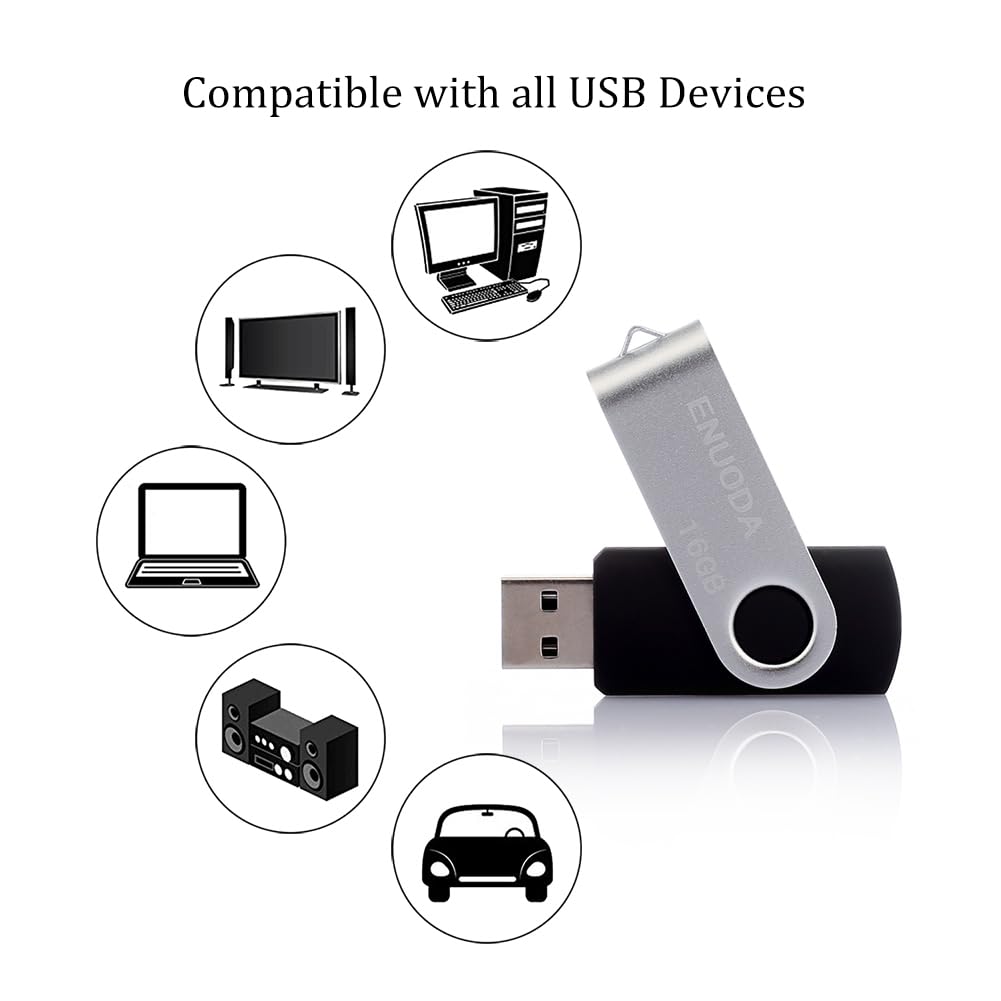 ENUODA 16GB USB Stick 1 Pack Memory Stick USB 2.0 Flash Drives Swivel Design Pen Drive for Data Storage Thumb Drive with LED Light (Black)
