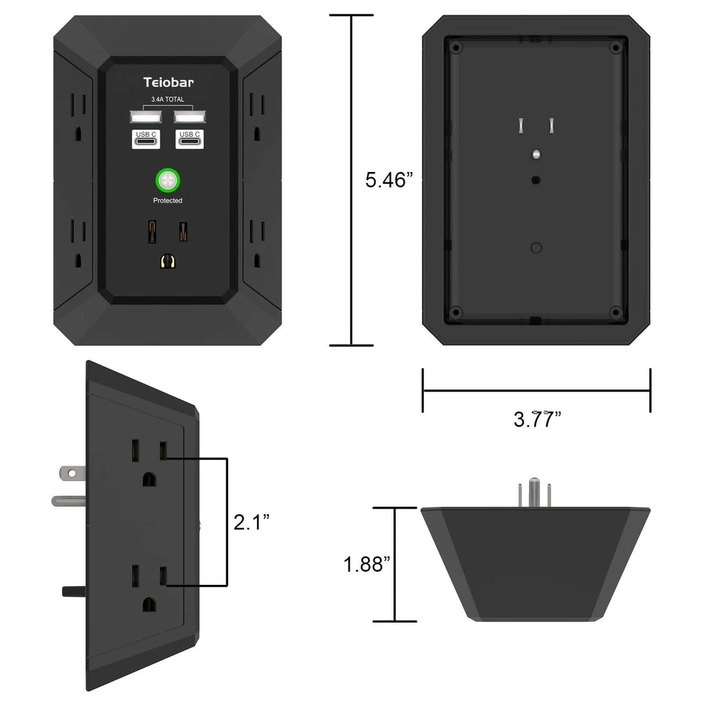 Multi Plug Wall Outlet Surge Protector with 6-Outlet & 4 USB Ports(2USB-C)