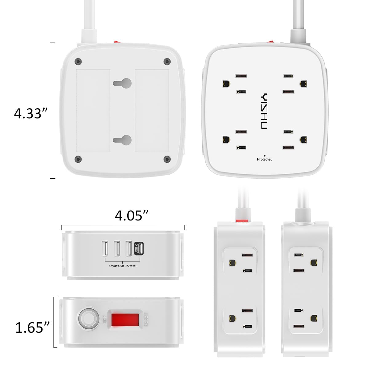 6 Ft Surge Protector Power Strip - YISHU 8 Widely Outlets with 4 USB Ports, 3 Side Outlet Extender with 6 Feet Flat Extension Cord, Ultra Flat Plug, Wall Mount, Desk USB Charging Station, ETL, Black
