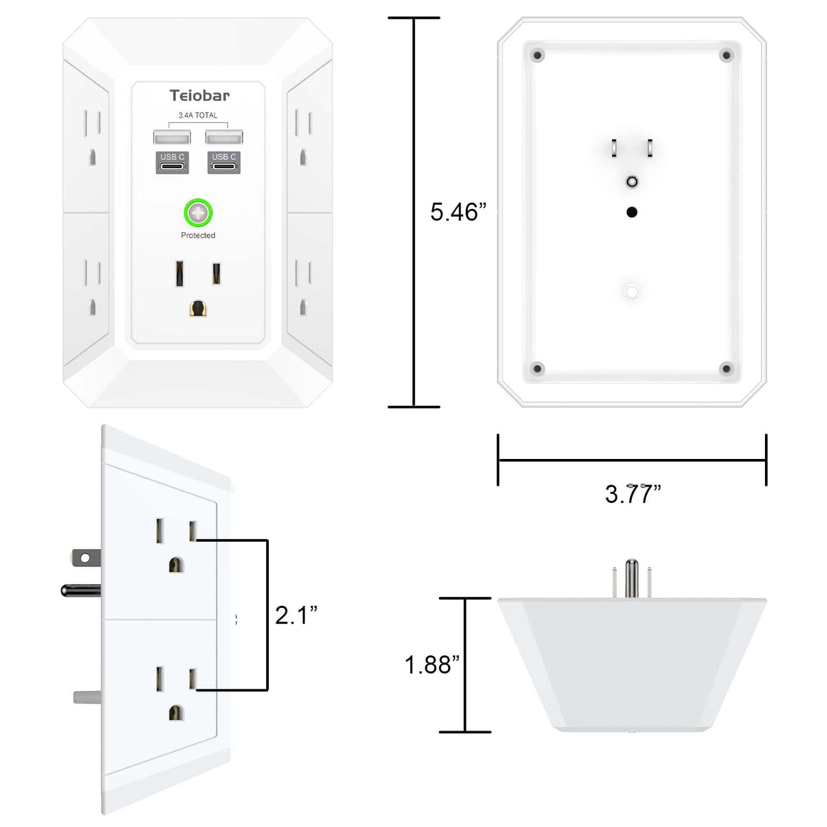 Multi Plug Wall Outlet Surge Protector with 6-Outlet & 4 USB Ports(2USB-C)