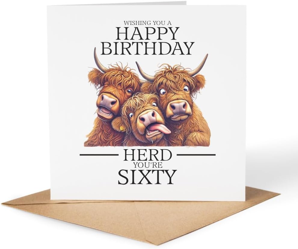 Maise & Rose Funny 60th Birthday Card For Men or Women Highland Cow P270