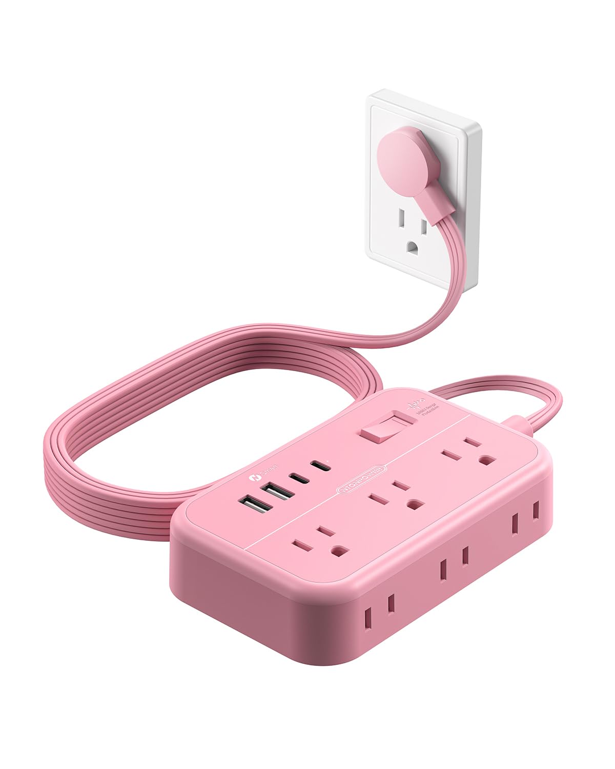 Flat Extension Cord 15 ft, NTONPOWER Surge Protector Power Strip with 6 Widely Outlets 4 USB Ports(2 USB C), Flat Plug, Wall Mounted, Side Outlet Extender for Indoor, Home Office, Dorm Room Essentials