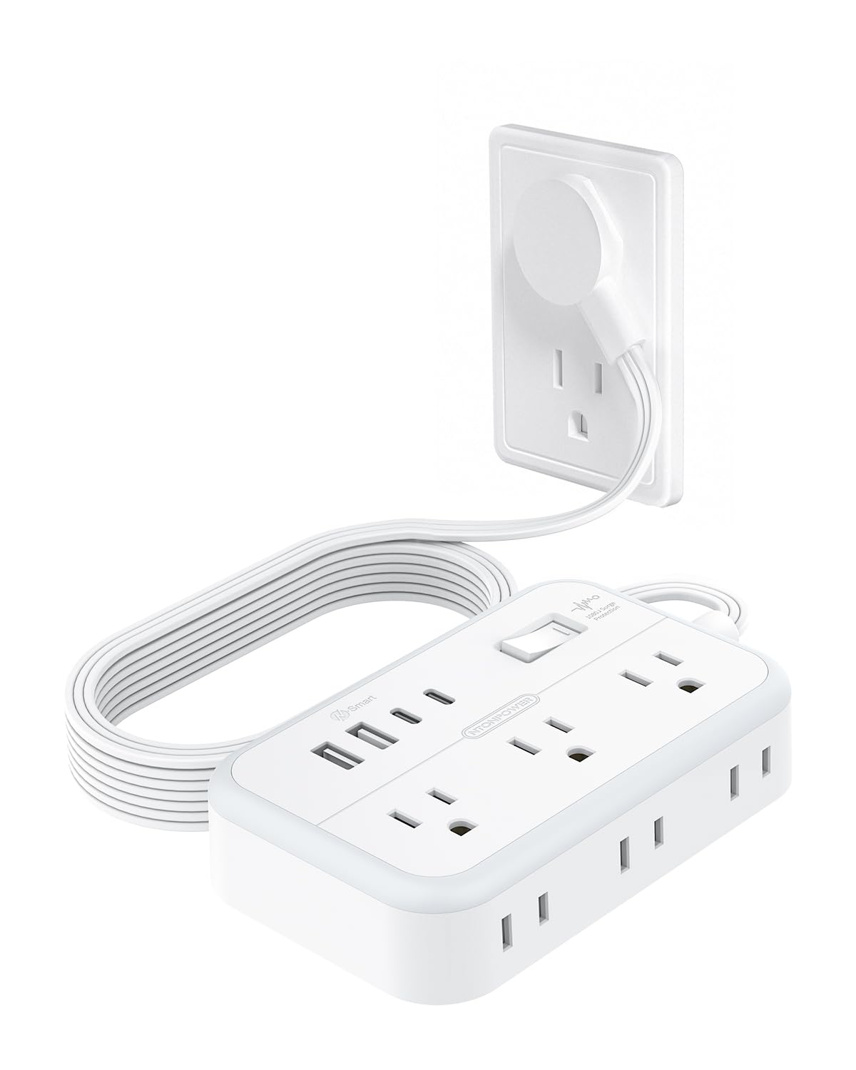 Flat Extension Cord 15 ft, NTONPOWER Surge Protector Power Strip with 6 Widely Outlets 4 USB Ports(2 USB C), Flat Plug, Wall Mounted, Side Outlet Extender for Indoor, Home Office, Dorm Room Essentials