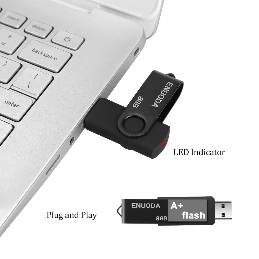 ENUODA 16GB USB Stick 1 Pack Memory Stick USB 2.0 Flash Drives Swivel Design Pen Drive for Data Storage Thumb Drive with LED Light (Black)