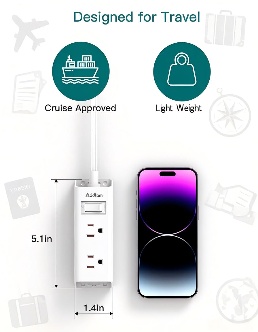 Cruise Essentials - Flat Plug Power Strip, Addtam 5 ft Ultra Flat Extension Cord with 6 Outlets Extender, No Surge Protector for Cruise Ship, Travel, Dorm, Home Office,Black