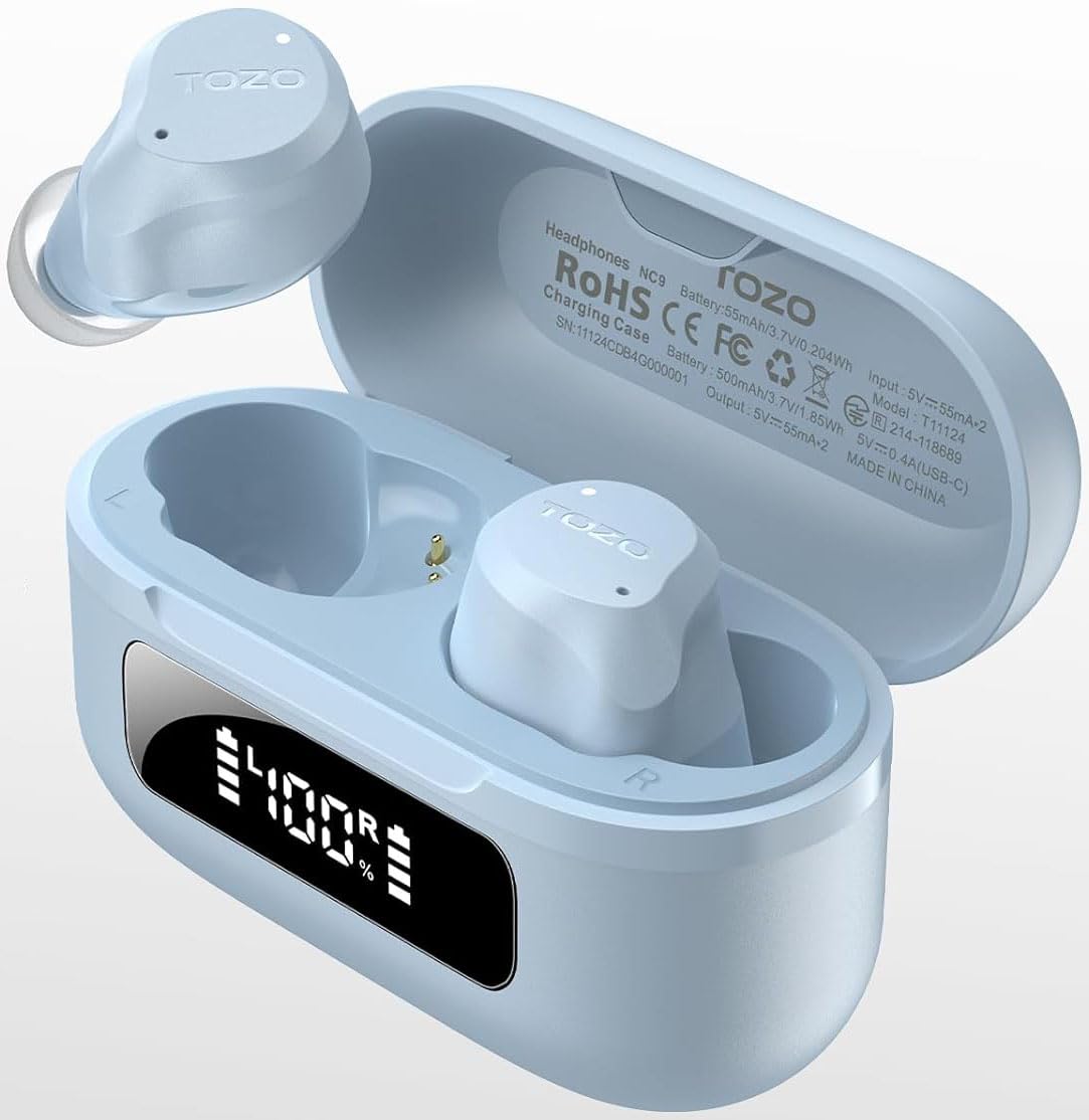 TOZO NC9 Hybrid Active Noise Cancelling Wireless Earbuds, 60H, LED Display
