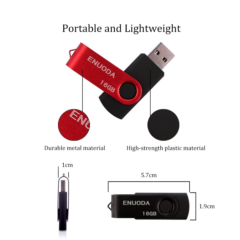 ENUODA 16GB USB Stick 1 Pack Memory Stick USB 2.0 Flash Drives Swivel Design Pen Drive for Data Storage Thumb Drive with LED Light (Black)