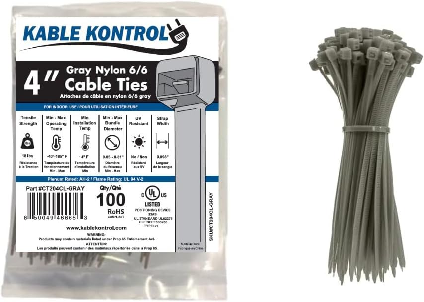 Kable Kontrol Cable Zip Ties, 4 Inch, 100 Pcs, 18lbs Test, Gray