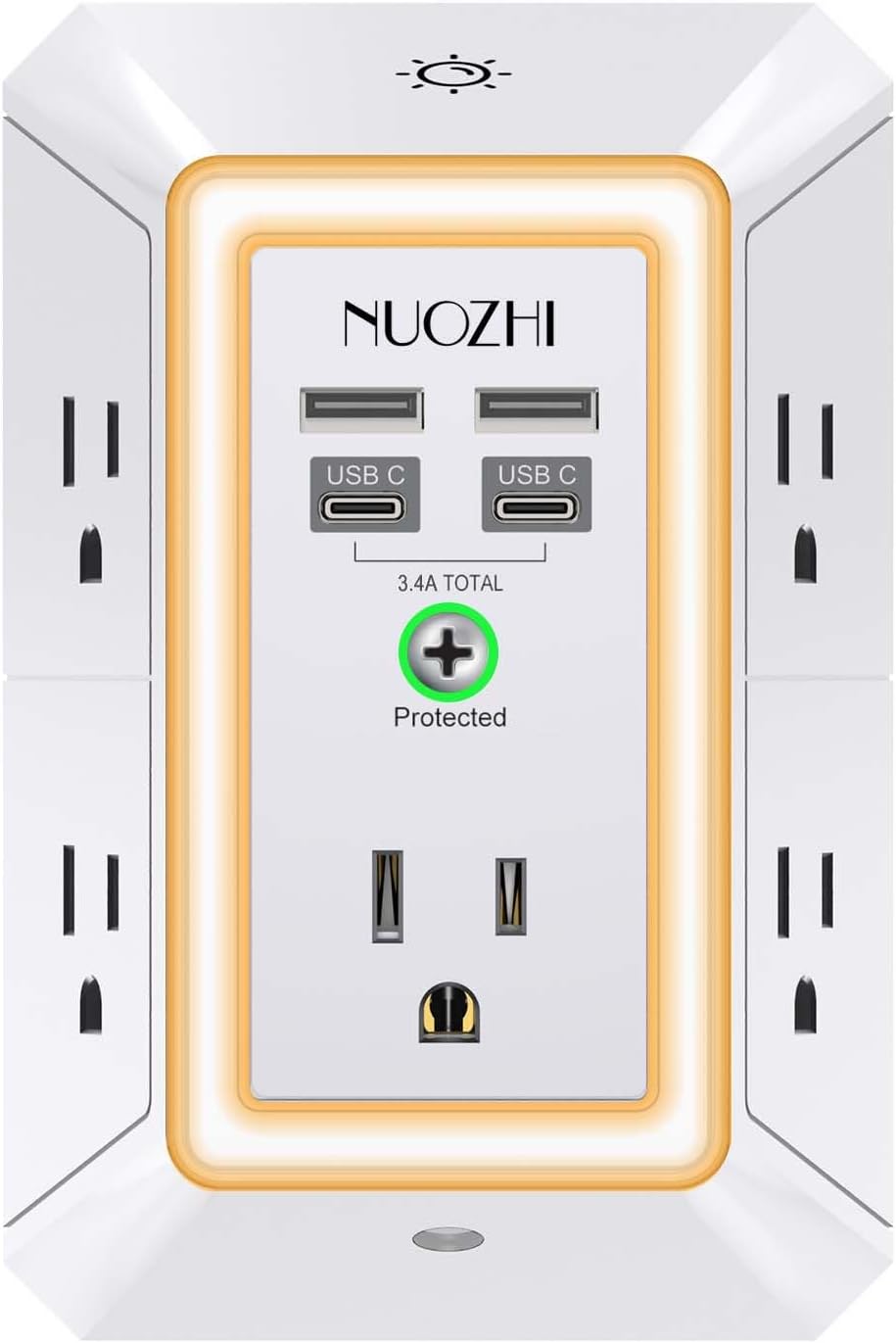 Multi Plug Outlet Surge Protector, NUOZHI 5 Outlets and 4 USB Ports(2 USB-C) and Night Light, 3-Sided Power Strip with Adapter Spaced Outlets for Home, Office, Travel, ETL Listed, White