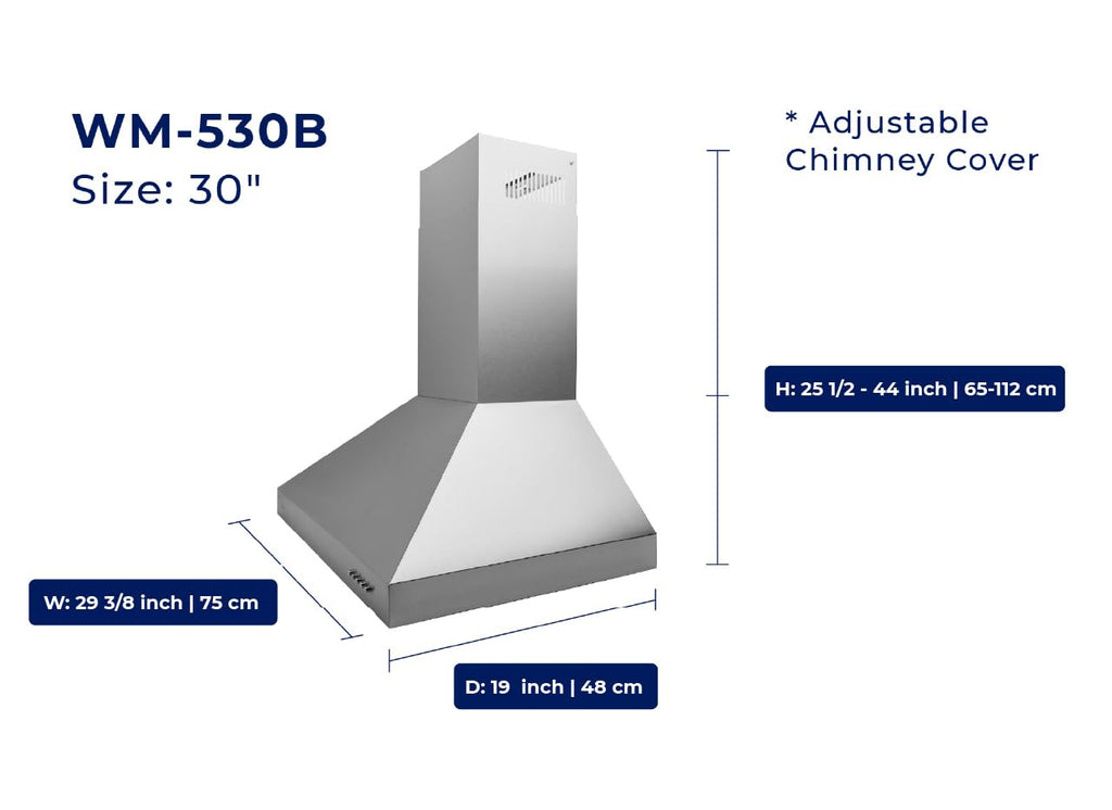 Hauslane Wall Mount Range Hood 30 Inch Convertible 350-750 CFM Low Noise