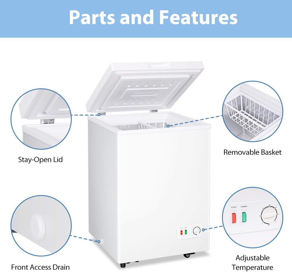 4.0 Cu.Ft Chest Freezer - 7-Temp Adjustable Deep Freezer, Ultra Quiet, Energy Saving, Removable Basket, Compact Small Deep Freezer for Apartments/Garage/Office/Kitchen, Gray