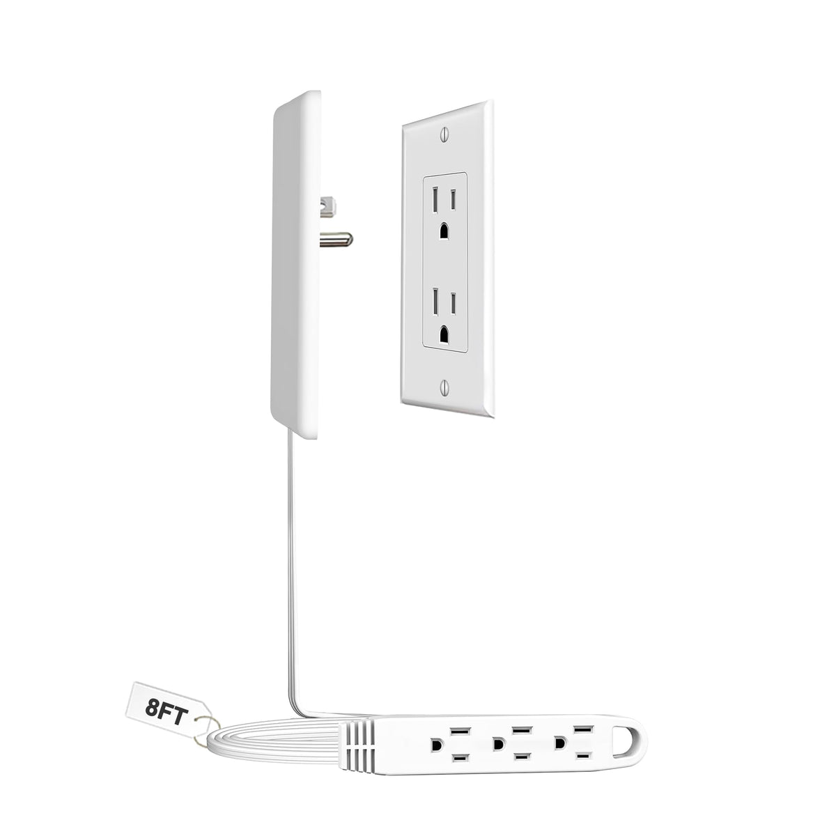 CABOCASA 3FT Flat Plug Extension Cord Power Strip 3 Outlets White Upward