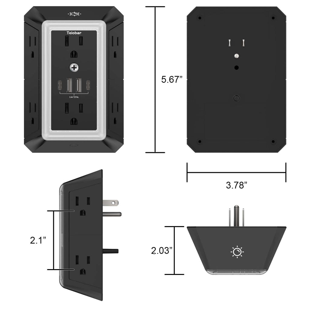 Multi Plug Wall Outlet Surge Protector with 6-Outlet & 4 USB Ports(2USB-C)