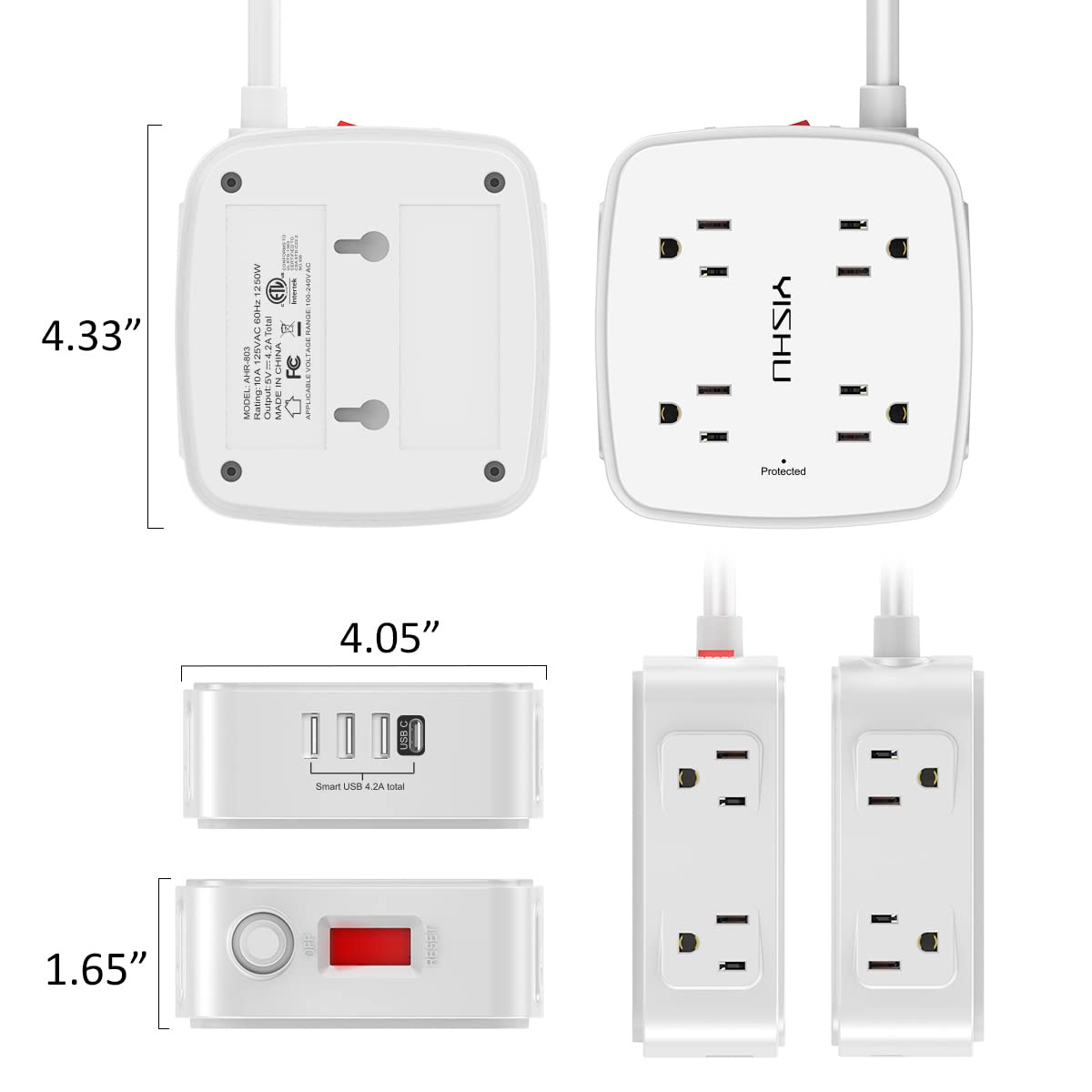 6 Ft Surge Protector Power Strip - YISHU 8 Widely Outlets with 4 USB Ports, 3 Side Outlet Extender with 6 Feet Flat Extension Cord, Ultra Flat Plug, Wall Mount, Desk USB Charging Station, ETL, Black