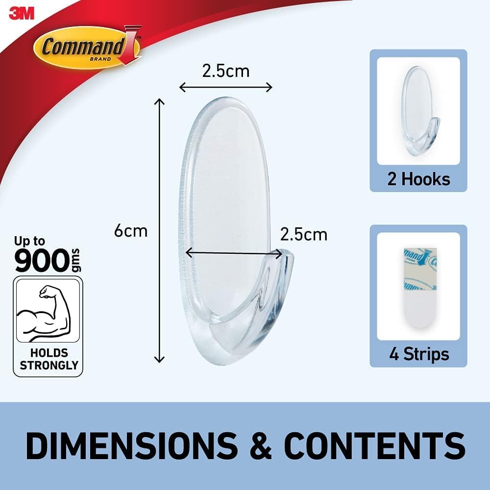 Command Medium Hooks, Clear, 2 Hooks and 4 Adhesive Strips