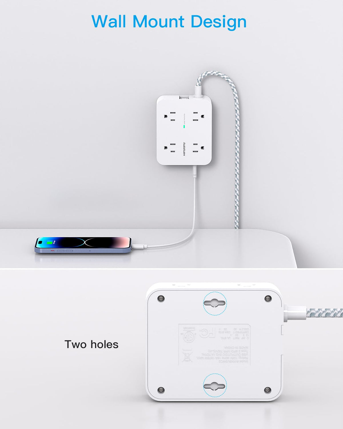 HANYCONY Surge Protector Power Strip, 10 Ft Braided Extension Cord, 1080J