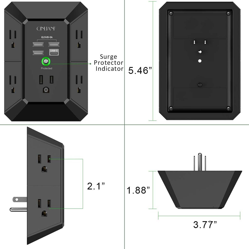 Surge Protector, QINLIANF 5 Outlet Extender with 4 USB Ports(2USB-C)