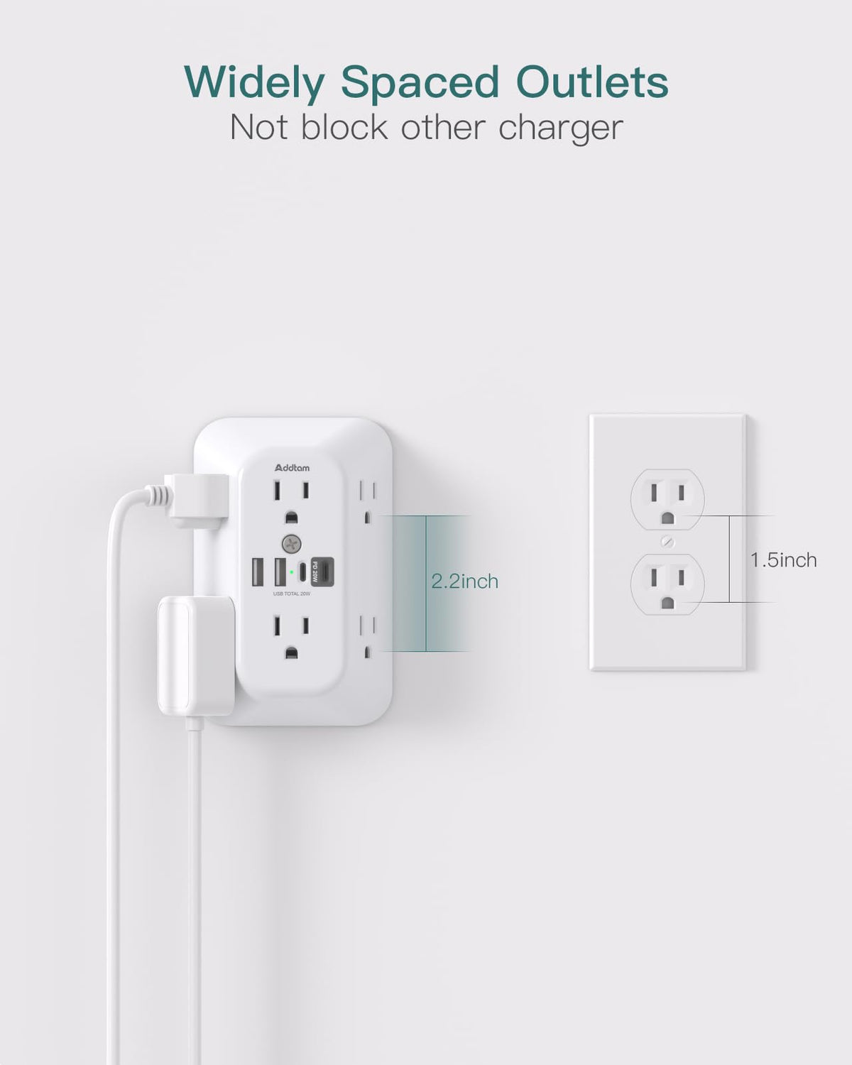 Addtam 6-Outlet Extender Surge Protector, Multi Plug Wall Outlet with 4 USB Wall Charger(PD 30W), Plug Extension Outlet with 1800J, Outlet Splitter Power Strip for Home Office, White
