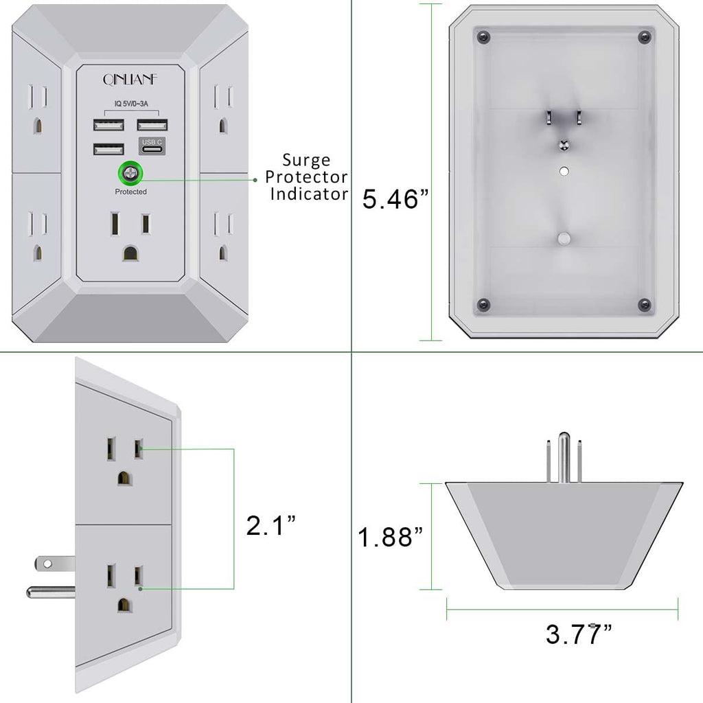 Surge Protector, QINLIANF 5 Outlet Extender with 4 USB Ports(2USB-C)