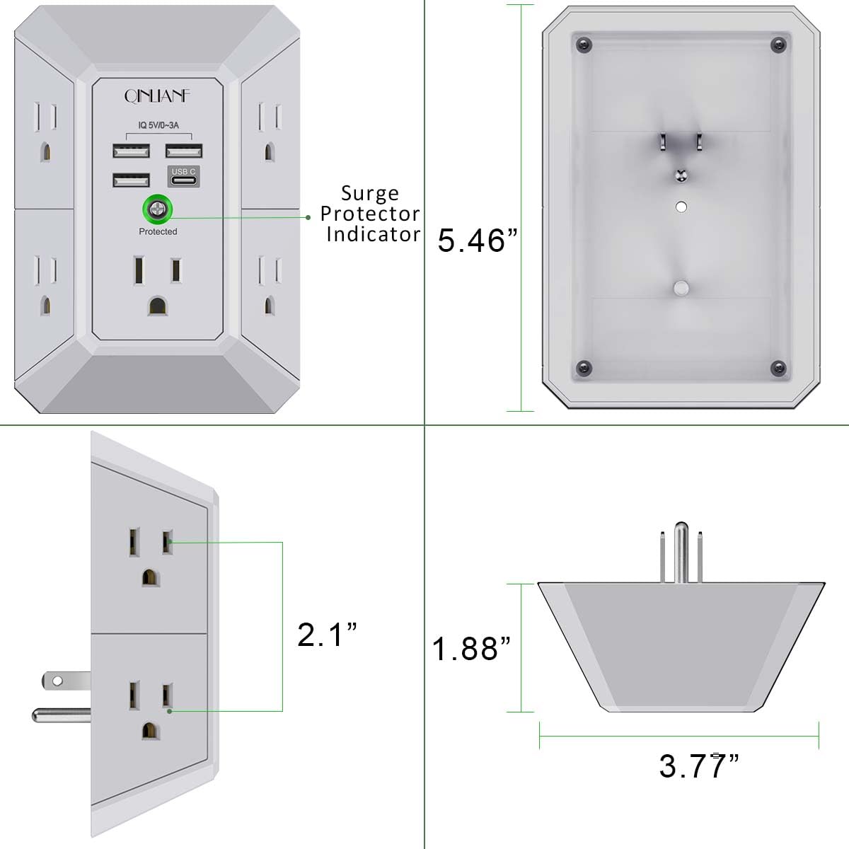 Surge Protector, QINLIANF 5 Outlet Extender with 4 USB Ports(2USB-C)