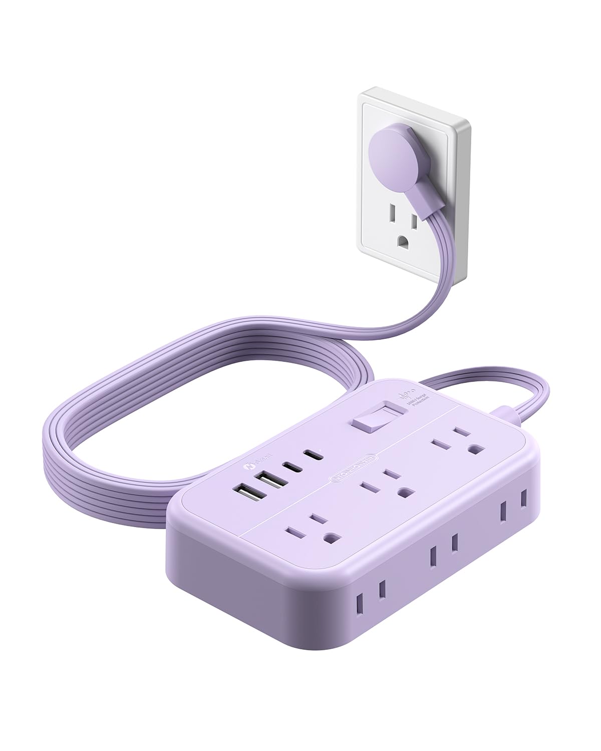 Flat Extension Cord 15 ft, NTONPOWER Surge Protector Power Strip with 6 Widely Outlets 4 USB Ports(2 USB C), Flat Plug, Wall Mounted, Side Outlet Extender for Indoor, Home Office, Dorm Room Essentials