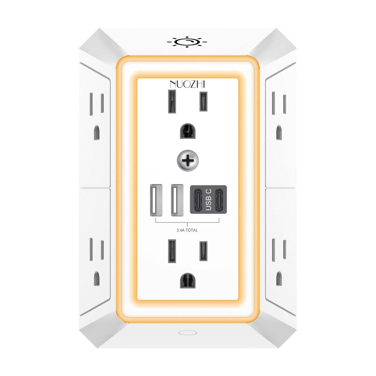 Multi Plug Outlet Surge Protector, NUOZHI 5 Outlets and 4 USB Ports(2 USB-C) and Night Light, 3-Sided Power Strip with Adapter Spaced Outlets for Home, Office, Travel, ETL Listed, White