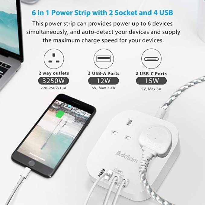 Extension Lead, Power Strips with 2 Way Outlets 4(4.5A, 2 Type C & 2 USB-A)