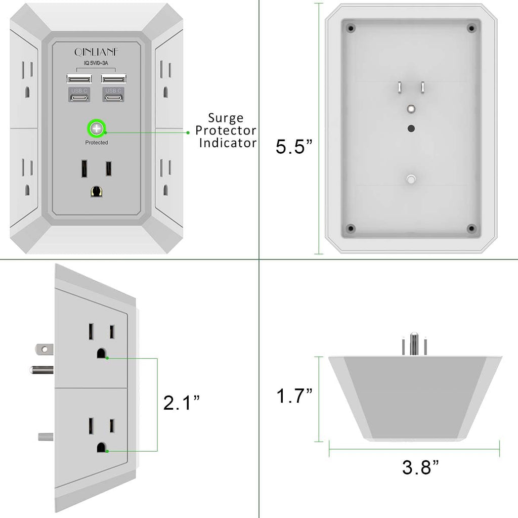 Surge Protector, QINLIANF 5 Outlet Extender with 4 USB Ports(2USB-C)