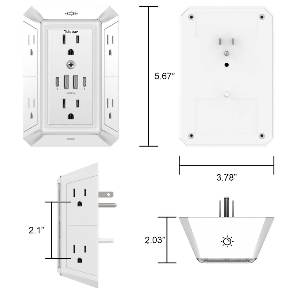 Multi Plug Wall Outlet Surge Protector with 6-Outlet & 4 USB Ports(2USB-C)