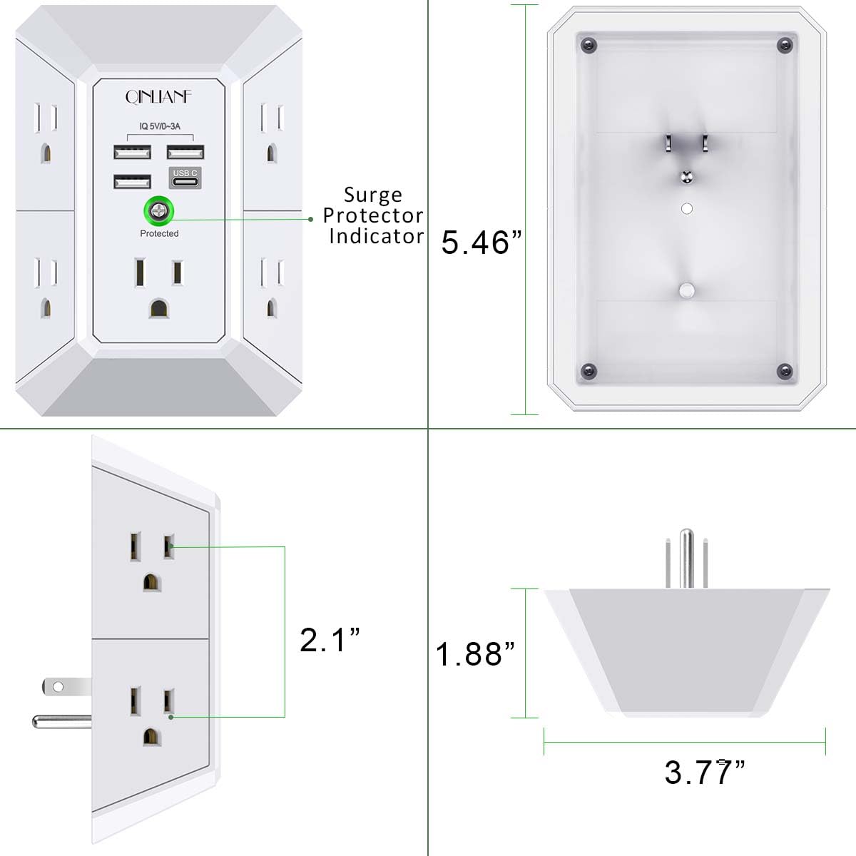 Surge Protector, QINLIANF 5 Outlet Extender with 4 USB Ports(2USB-C)