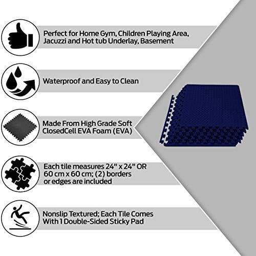 ComFy Mat Gym Flooring Mat, Foam Exercise Mats, Interlocking Puzzle EVA Floor Tiles, Non slip Rubber Cushion For Home Workout, Bonus Adhesives,24"X24"(60x60cm)