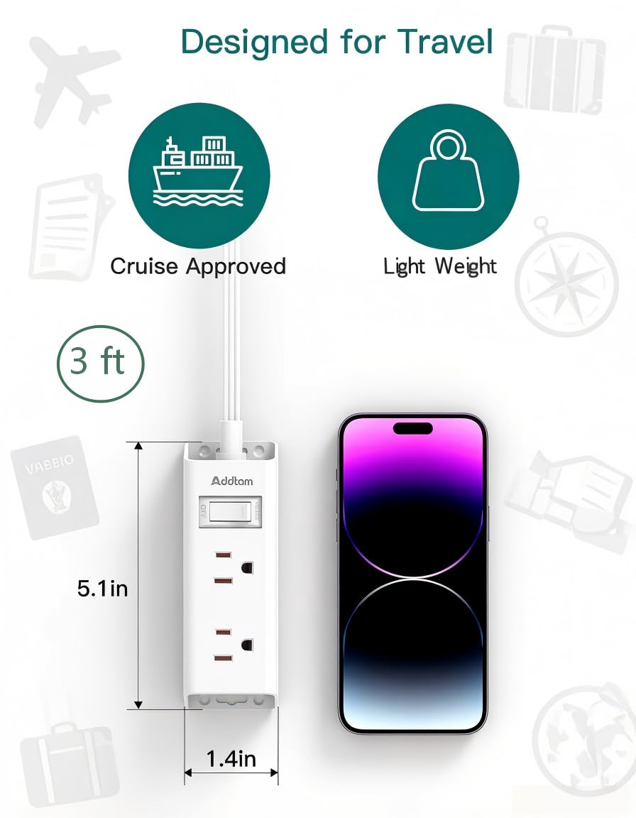 Cruise Essentials - Flat Plug Power Strip, Addtam 5 ft Ultra Flat Extension Cord with 6 Outlets Extender, No Surge Protector for Cruise Ship, Travel, Dorm, Home Office,Black