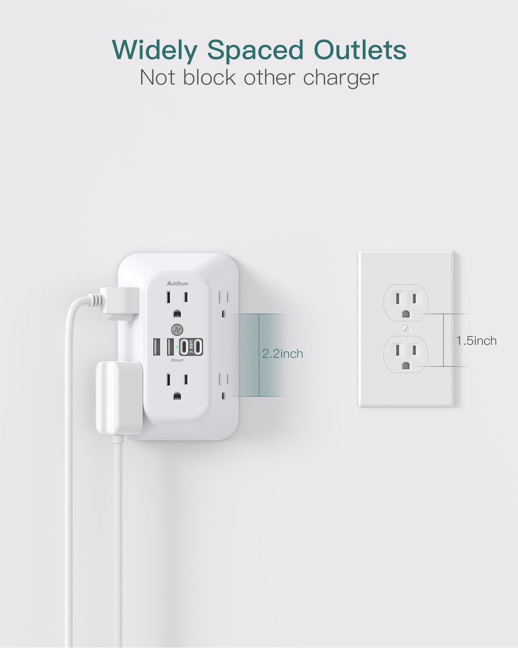 Addtam 6-Outlet Extender Surge Protector, Multi Plug Wall Outlet with 4 USB Wall Charger(PD 30W), Plug Extension Outlet with 1800J, Outlet Splitter Power Strip for Home Office, White