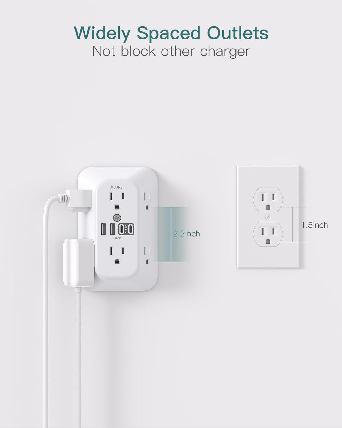 Addtam 6-Outlet Extender Surge Protector, Multi Plug Wall Outlet with 4 USB Wall Charger(PD 30W), Plug Extension Outlet with 1800J, Outlet Splitter Power Strip for Home Office, White