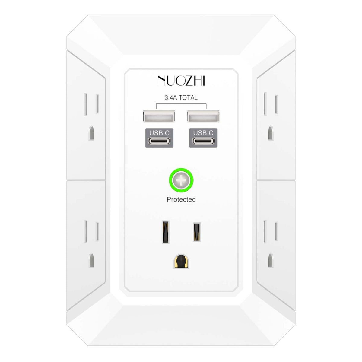 Multi Plug Outlet Surge Protector, NUOZHI 5 Outlets and 4 USB Ports(2 USB-C) and Night Light, 3-Sided Power Strip with Adapter Spaced Outlets for Home, Office, Travel, ETL Listed, White