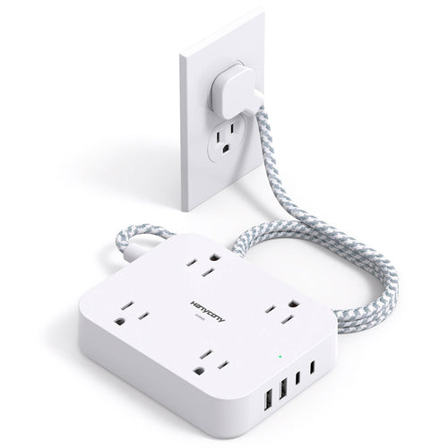 10 Ft Extension Cord, Flat Power Strip with 4 Outlets 4 USB Ports (2 USB C)