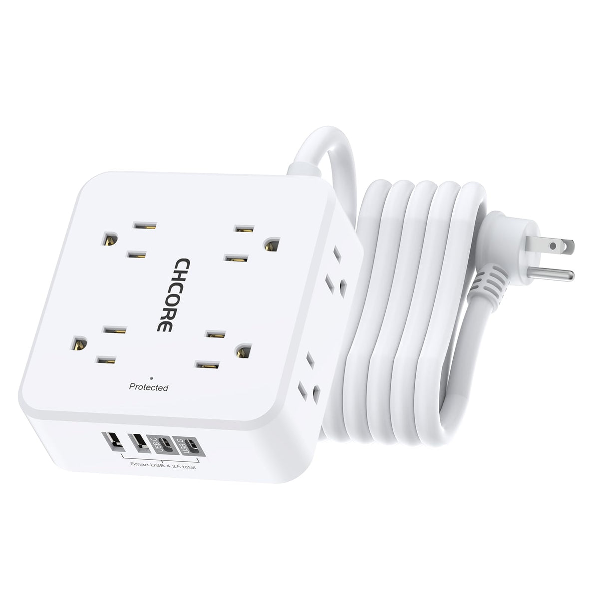 Surge Protector Power Strip - CHCORE 10 Ft Braided Extension Cord with 8 Outlets with 4 USB (2 USB C) Charging Ports, Flat Plug Multi Plug Outlet Extender Charging Station for Home Office, ETL, White