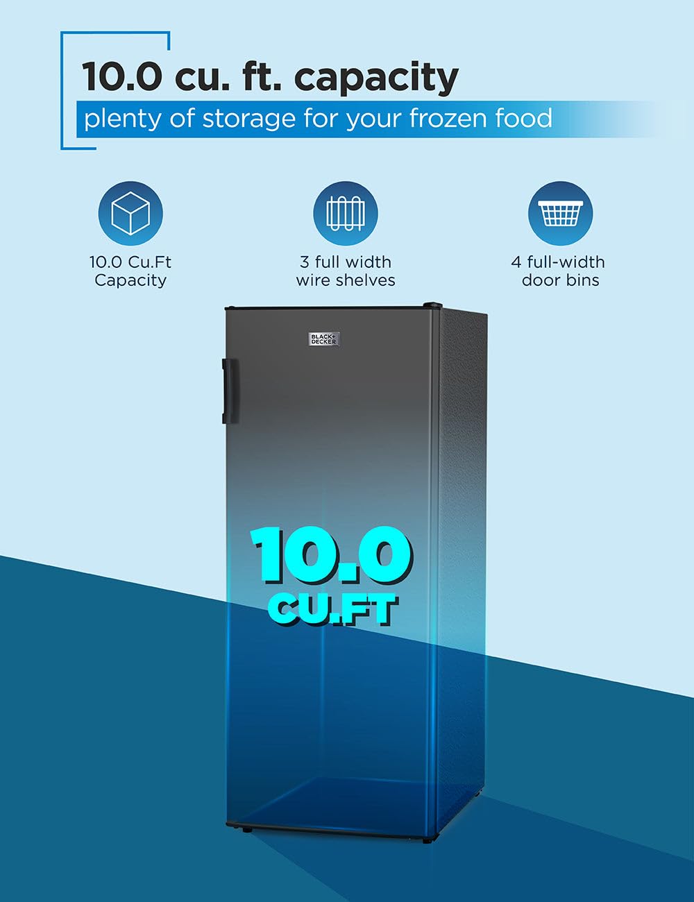 BLACK+DECKER 14 Cu. Ft. Convertible Freezer Refrigerator, Upright Freezer with Glass Shelves, ENERGY STAR rated, Frost Free, BUC1400XB, Black