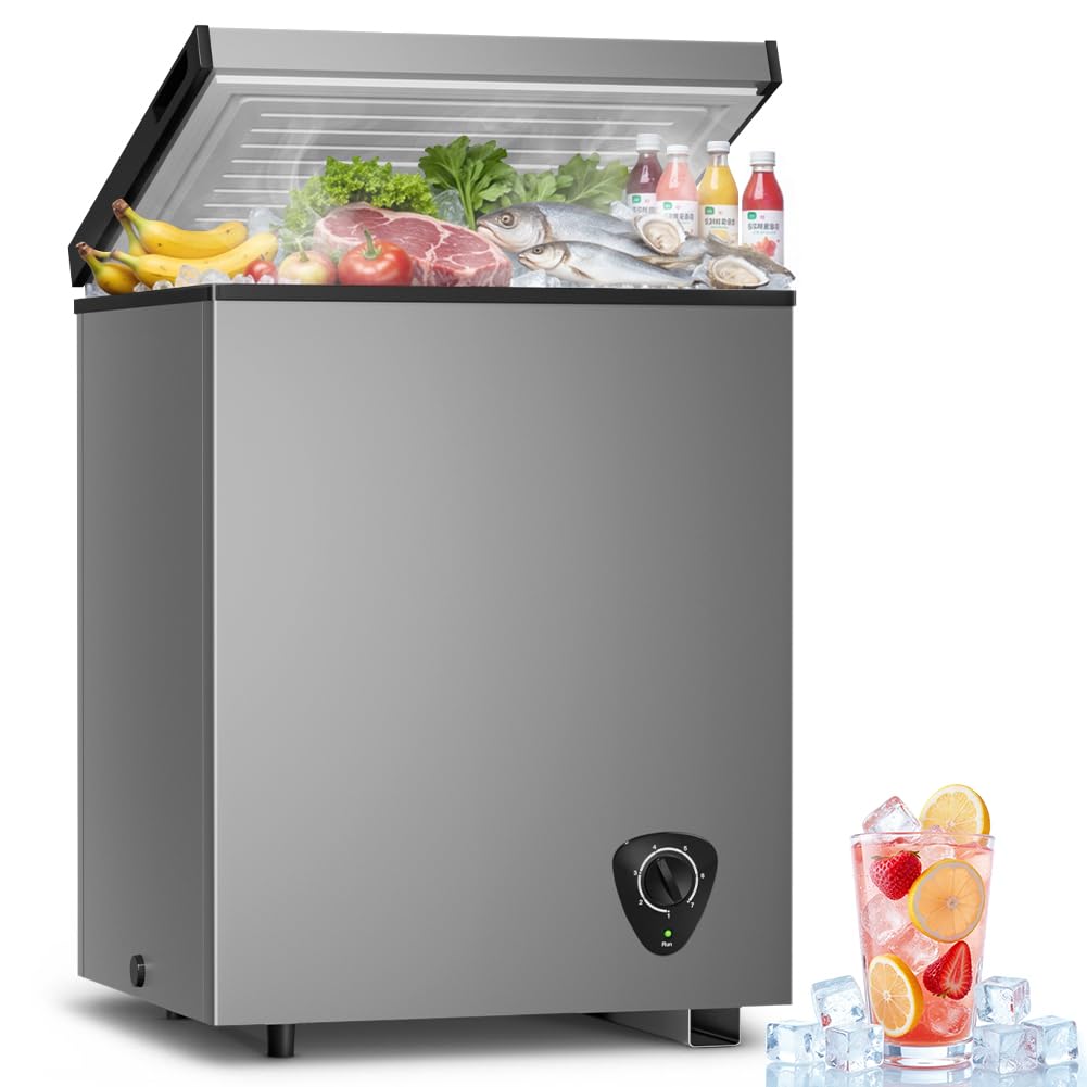 LifePlus Chest Freezer - 3.5 Cubic Feet Compact Deep Freezer Small Freezer 7 Adjustable Temperature with Removable Basket, Energy Saving Super Quiet for Garage, Office, Kitchen, or Apartment, Gray