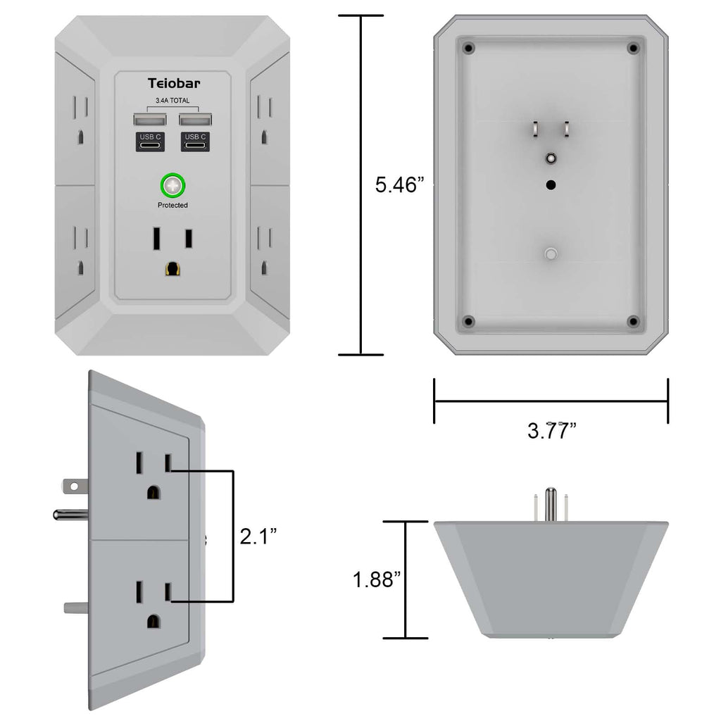 Multi Plug Wall Outlet Surge Protector with 6-Outlet & 4 USB Ports(2USB-C)