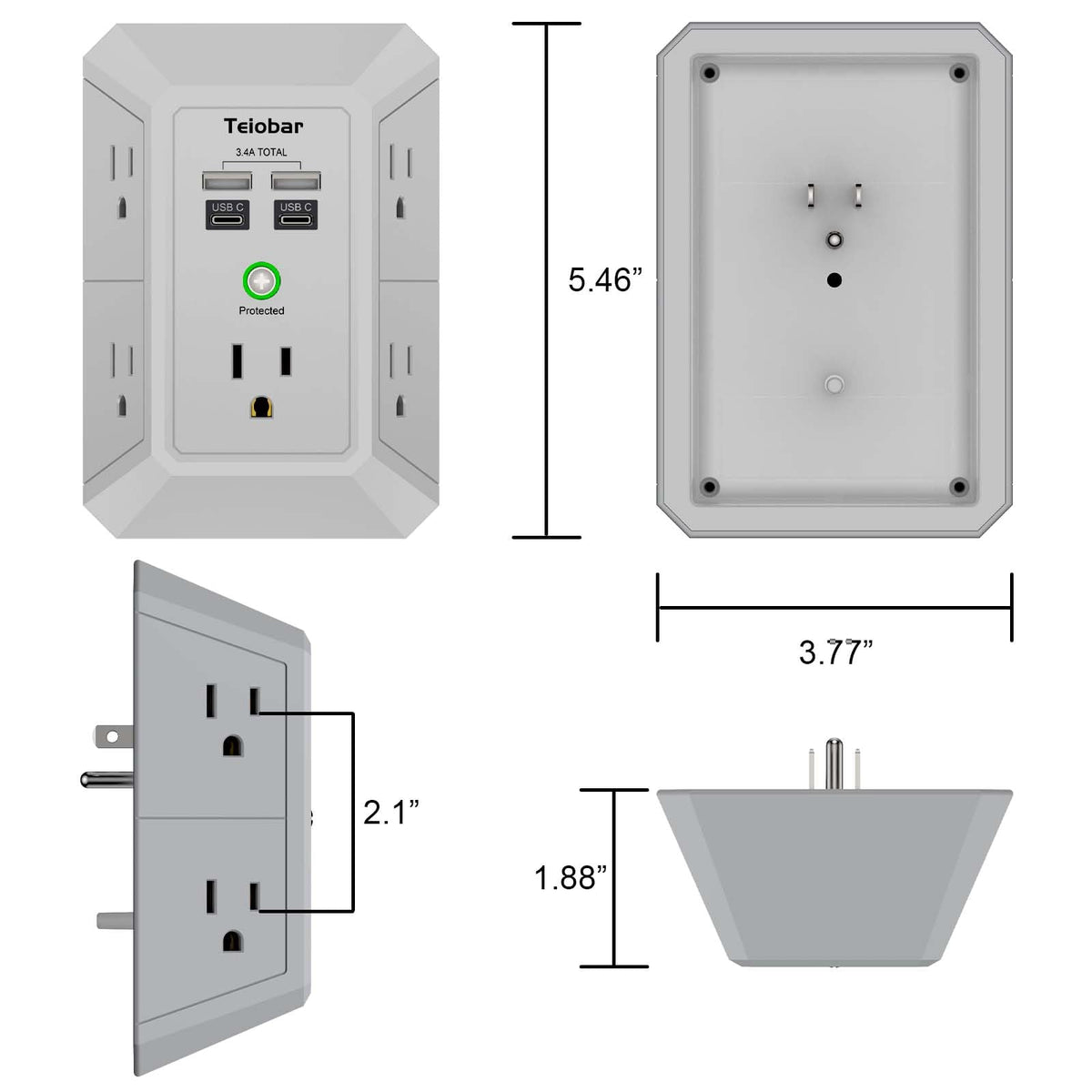 Multi Plug Wall Outlet Surge Protector with 6-Outlet & 4 USB Ports(2USB-C)